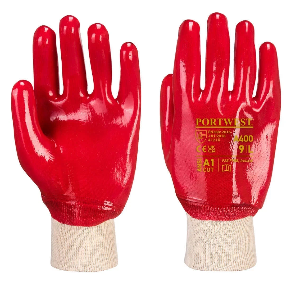 Portwest A400 PVC Knitwrist Work Gloves Red Large Waterproof Coated Pack of 12