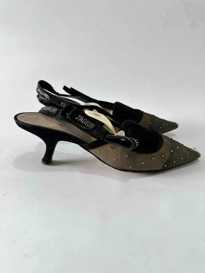 Christian Dior Mesh Suede Crystal J'Adior Slingback 100mm Pumps Black Size 41 EU - Image 3 of 4