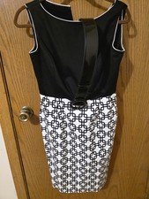 TAHARI Women's Sleeveless Dress with Belt Size 6P Black/White/ WORN ONLY ONCE