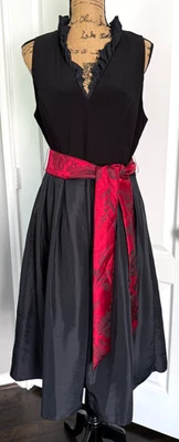 Jessica Howard Swing Dress Formal Cocktail Black Red Sash Belt Pocket V-Neck 12 - Image 1 of 4