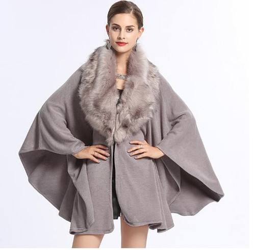 Fox Fur Collar Loose Ladies Oversize Knitted Cape Poncho Western Overcoat Casual - Picture 2 of 18