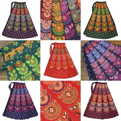 Block Print Mandala Maxi Wrap Skirt Boho Long One Piece Indian Cotton Handmade