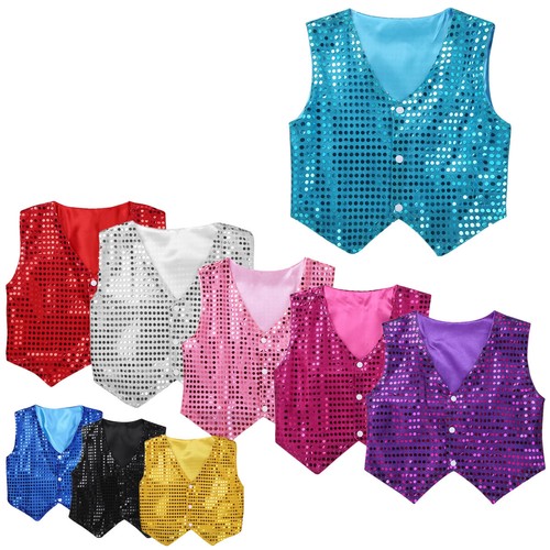 Kid Girls Boys Sequins Hip-hop Jazz Dance Waistcoat Sparkle Stage Performance - Picture 4 of 51