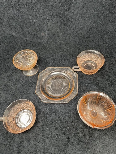 5 Pieces Of Chipped Pink Depression Glass