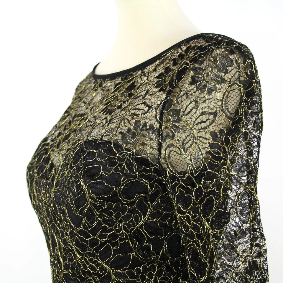 Vestido de cóctel THEIA de encaje negro dorado floral con cinturón 8 cuello barco manga 3/4 Foto 3 de 4