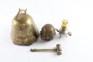 Vintage Brass Asian Ornaments Inc Temple Bell Gong 4 Face Buddha & Oil Lamp