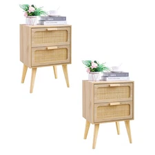 Rattan Nightstand Set of 2,Side Table with Hand Made Rattan Decorated Drawers...
