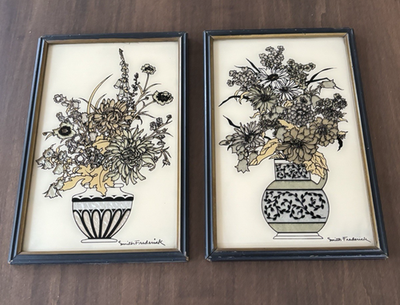 Pair Smith Frederick Reverse Painting on glass Art Phlox Asters