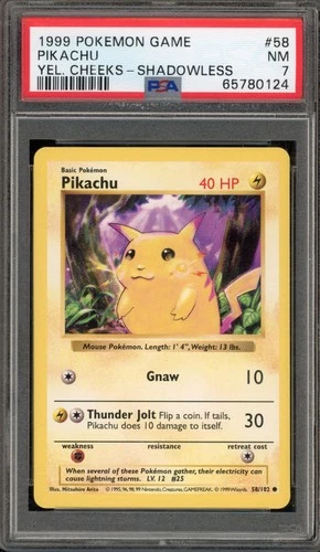 Pokemon Pikachu Base Set Shadowless Yellow Cheeks #58 PSA 7