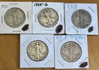 [Lot of 5] WALKING LIBERTY HALF DOLLARS .50  90% Silver $2.50 Face Value