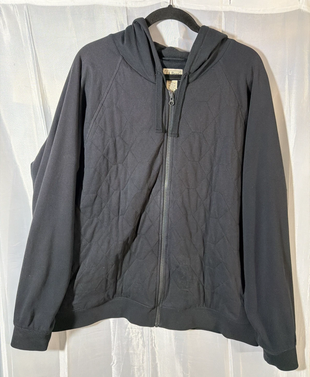 LL Bean Hoodie Mens Large Black Full Zip Thermal Waffle Quilted Workwear 285395