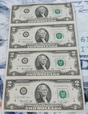 1976 UNCUT SHEET OF 4 $2 TWO DOLLAR STAR  NOTES CLEVELAND D00729726* D00789726*