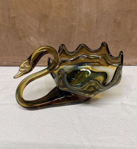 Vintage MCM Murano Style Sooner Swan Blown Glass Dish Blue Yellow Swirl