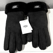 UGG Turn Cuff Sheepskin Black Shearling Women's Suede Winter Gloves Size Large