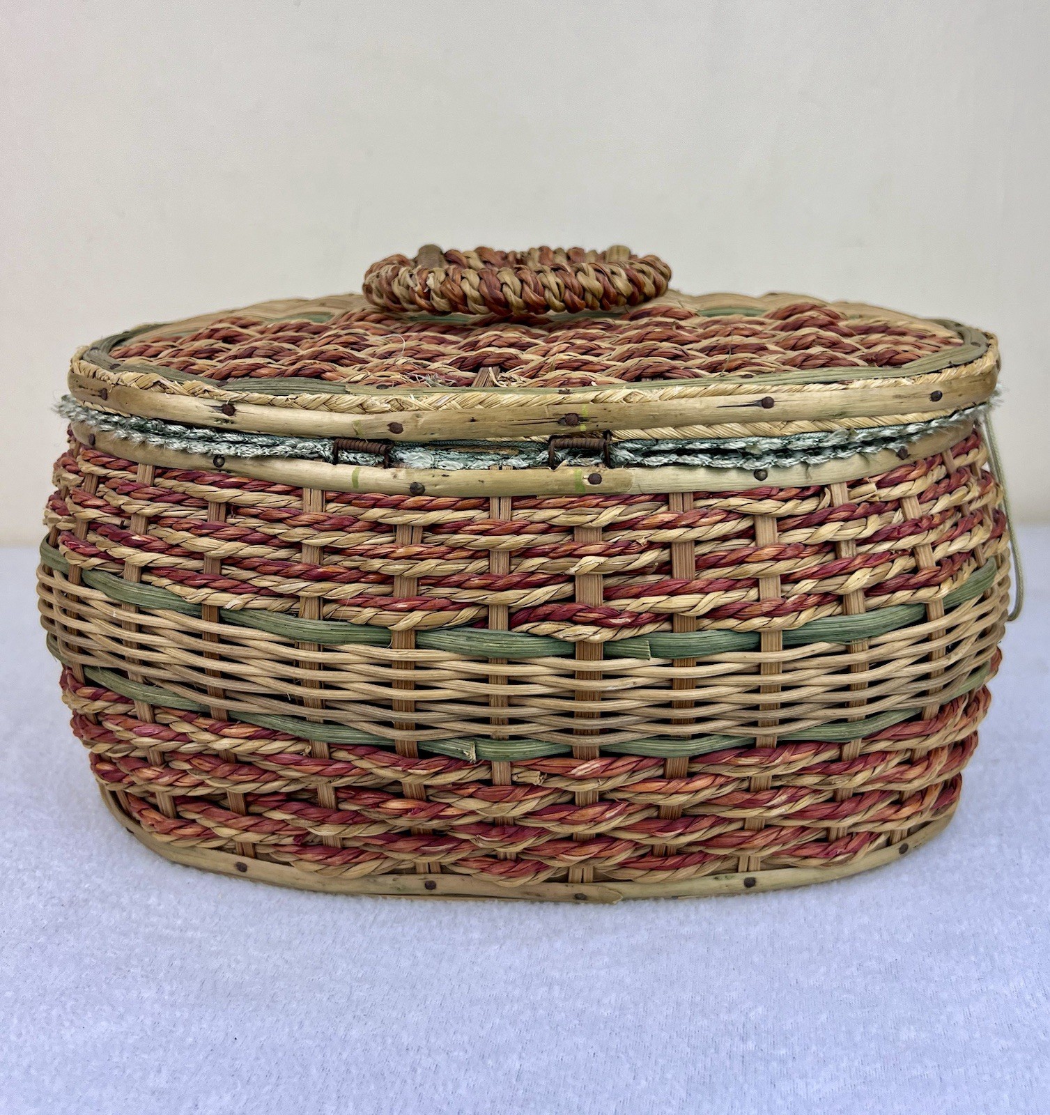 Vintage Sewing Basket Faux Ratan Wicker Sea Foam Green Satin Lining Japan 10.5”
