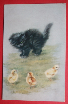 Alte Künstler PERSIS KIRMSE Katzen Postkarte SCHWARZE KATZE KÄTZCHEN KÜKEN Raphael Tuck