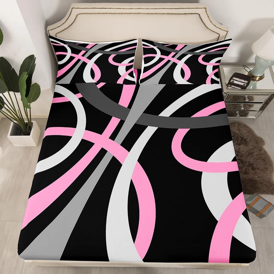 Juego de sábanas retro con remolinos circulares para niñas - rosa, negro, gris - ajuste de bolsillo profundo... Foto 2 de 4