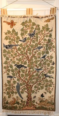 Vintage Kashmiri Tree Life Tapestry 35x60 Hand Embroidered Wool Birds Butterfly