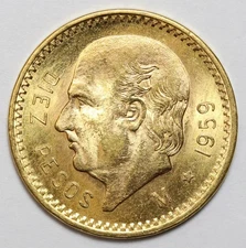 1959-M Mexico (10) Diez Pesos Gold Coin Uncirculated, Magnificent Luster KM# 473