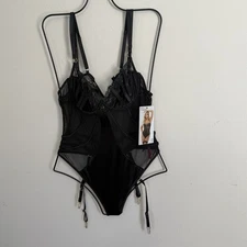 New SEVEN ‘TIL MIDNIGHT Women’s Black Satin Mesh Lace Teddy One Piece Size XL