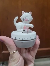 ADORABLE JOIE MEOW CAT & MOUSE 60 MINUTE KITCHEN TIMER Cute Kitsch Pink White 3"