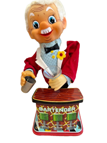 Vintage 1960s Bartender Battery Operated Tin Toy by Rosko Made in Japan
