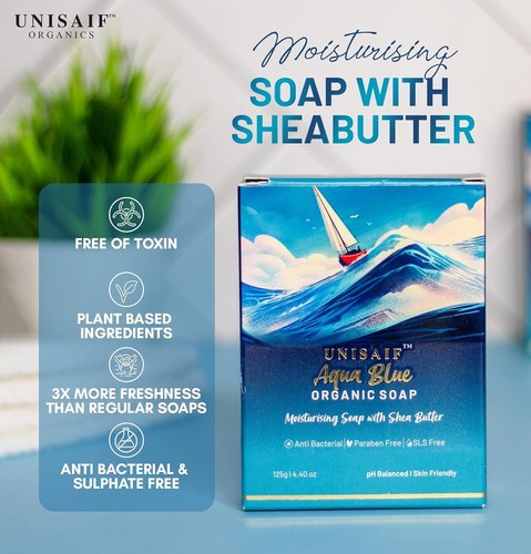 Unisaif Aqua Blue Organic Body Soap Bar, Moisturizing Soap With Shea Butter - Picture 6 of 9