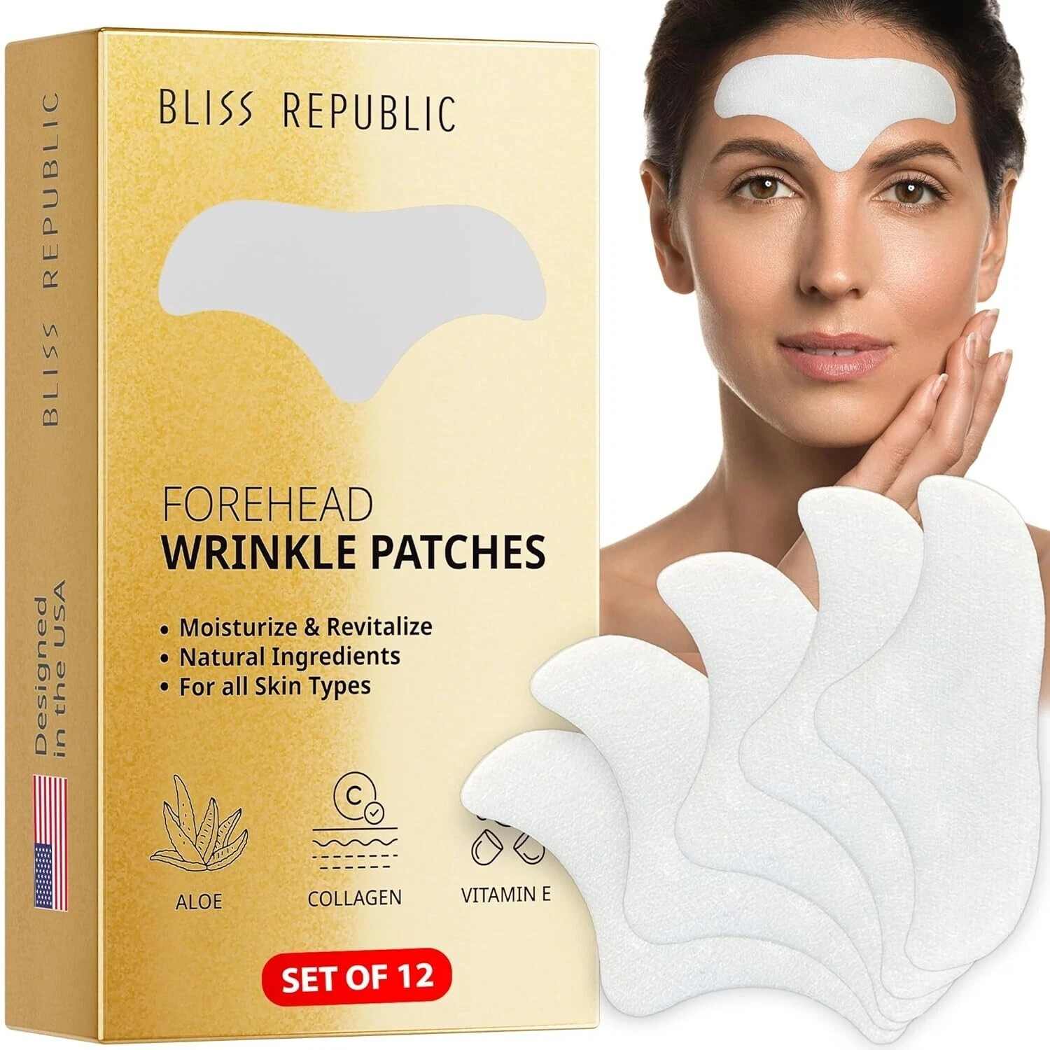 Set Of 12 Premium Anti Wrinkle Forehead Patches Infused w/ Collagen Aloe Vitamin