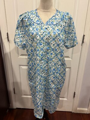 Women Short Sleeve Duster Housecoat w/side Pockets Blue W/Floral Sz XL  38