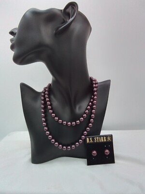 D.S. STARR HAND KNOTTED PURPLE FAUX PEARL NECKLACE PIERCED EARRINGS VINTAGE NEW
