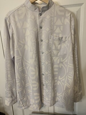 Vintage Shirt Mandarin Band Collar White Scroll Pattern Mens