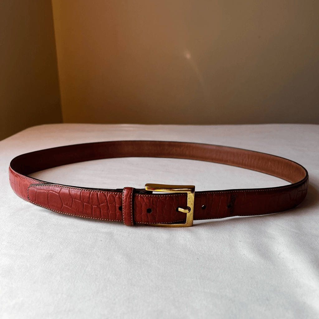 Tommy Hilfiger Croc Embossed Leather Belt in Cognac Brown with Gold Buckle Size 38