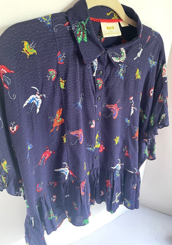 Anthropologie Butterfly Flowy Top Womens Medium Blue Short Sleeve Peplum Summer - Picture 8 of 9