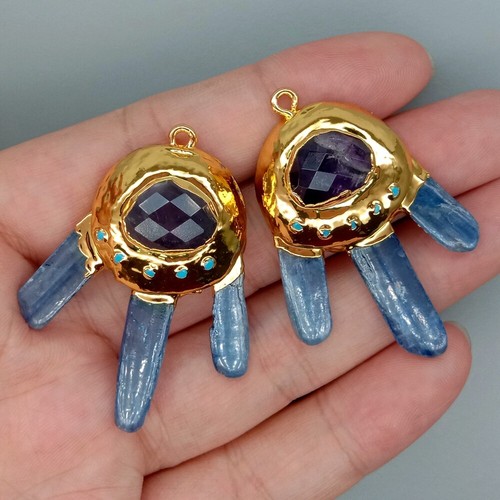 Natural Blue Kyanite Amazonite Gold Electroplated Pendant for jewelry making - Picture 6 of 9