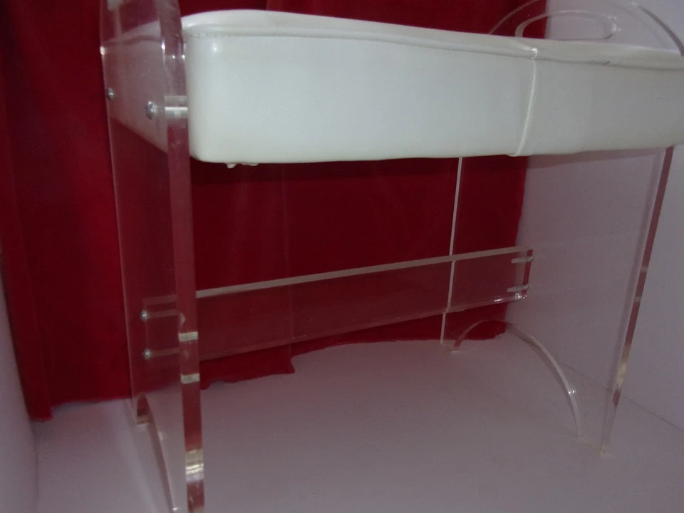 Lucite acrylic small vanity bench w white vinyl seat cushion vintage 80's VGUC - Image 2 of 4