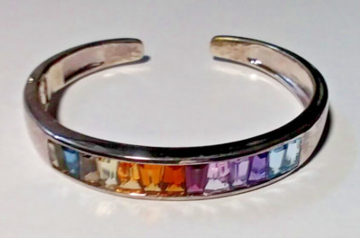 STERLING SILVER Multi-Color Stones Cuff Hinged Bracelet 7'' (B-101)