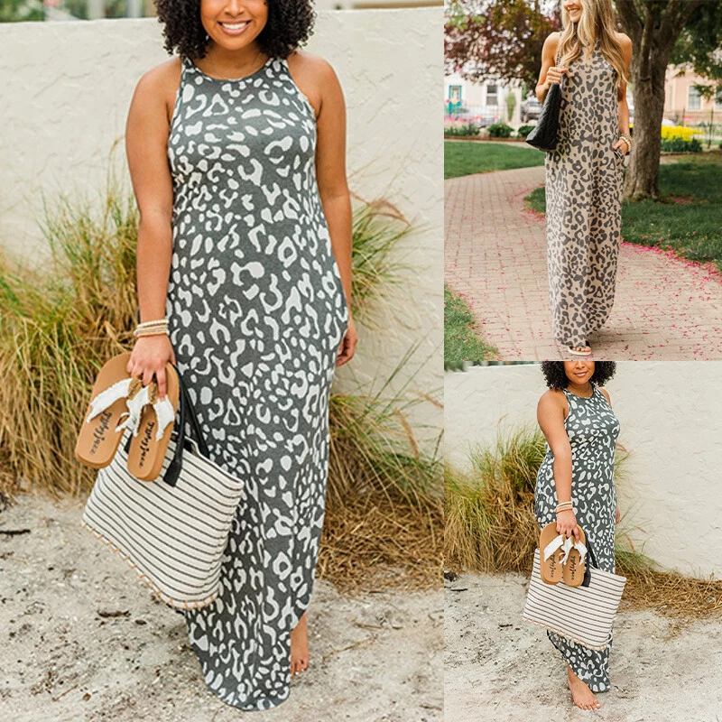 Women Comfy Leopard Print Dresses Ladies Beach Causal Sleeveless Maxi Dress  Vest