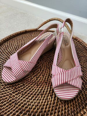 Abella Shiloh True Comfort Red White Striped Wedge Espadrille Sandals Sz  M