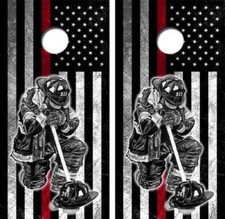 Kneeling Firefighter Cornhole Wood Board Skin Wrap
