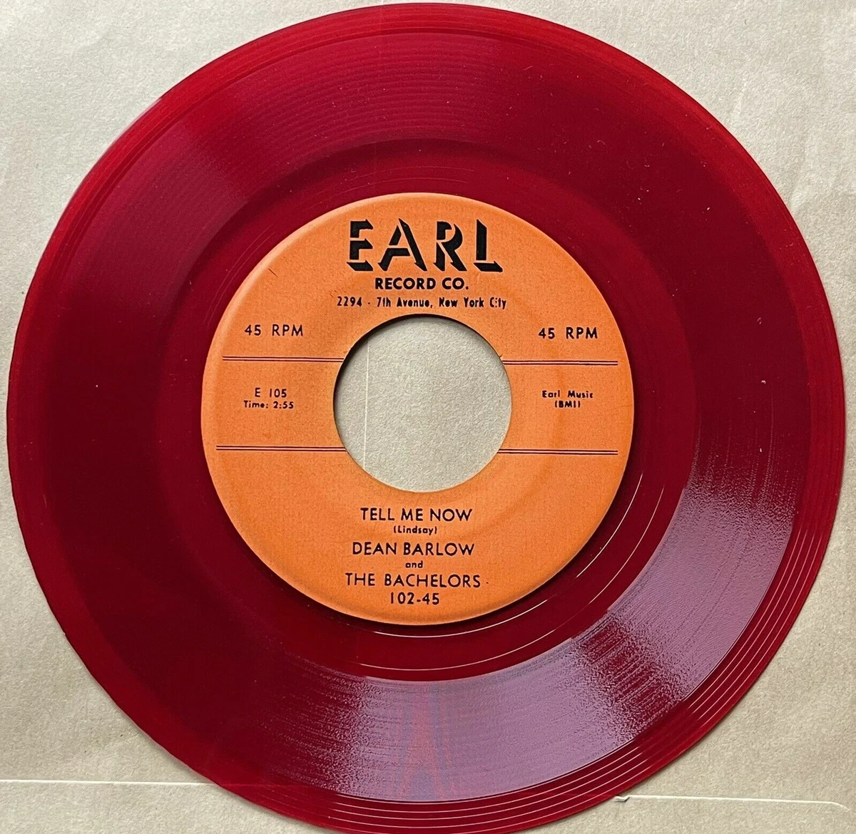 Dean Barlow Bachelors 1956 DOO WOP 45 Baby / Tell Me Now RED WAX EARL REPRO MINT