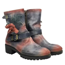 Socofy Ankle Boots Zip Up Size 42 EU 10 US Blue Red Leather Floral Accent 