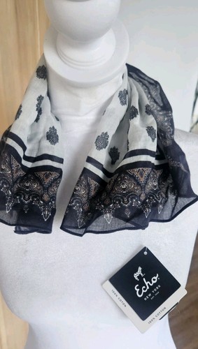 NEW W Tags Echo New York Black & White Cotton Square Scarf India Beautiful
