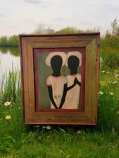 TWO HEARTS Louisiana Rural Folk Art Vintage Original Painting Black Family South