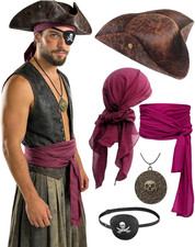 Pirate Hat Accessories Costume Set   Tricorn Hat, Sash Belt, Bandana, Eyepatch 