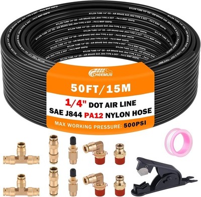 CheeMuii 1/4'' DOT Air Hose Line 50Ft Kit w/ Brass Fittings for Air Suspension