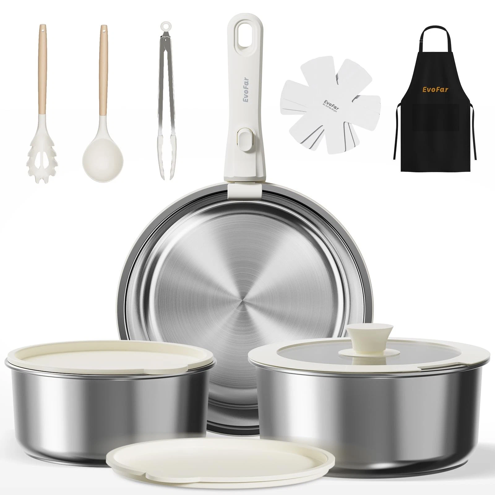 14 pcs Stainless Steel Cookware Set, Detachable Pots and Pans Set with Remova...