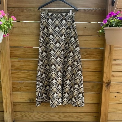 Vintage 1970s Argyle Plaid Maxi Skirt Brown Gold Metallic Lurex Knit A Line M/L