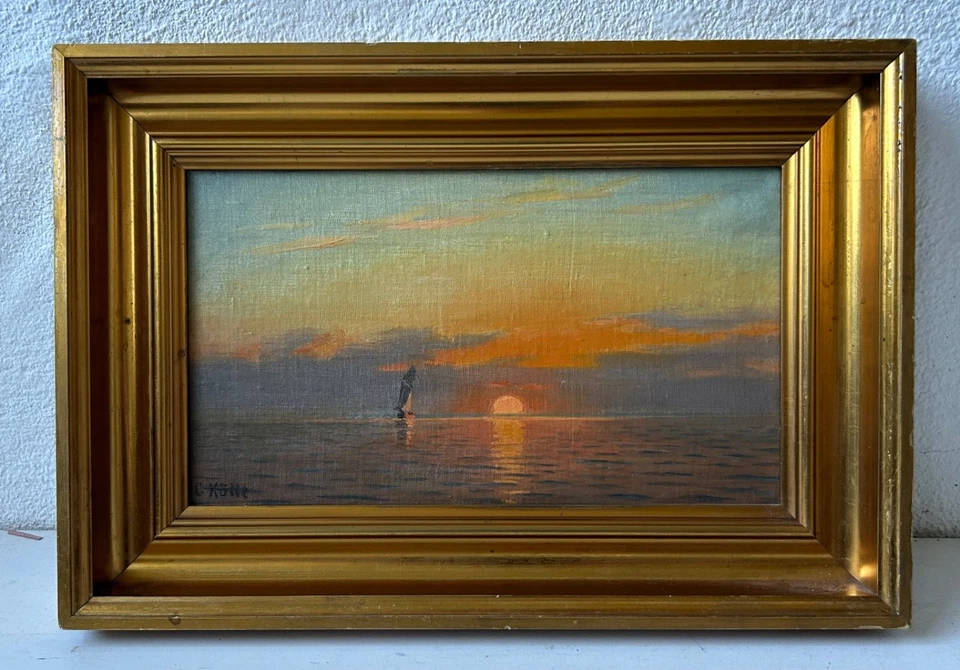 Ölbild Impressionist C. Kölle Maritim Segelschiff im Abendlicht 26 x 38 cm - Bild 1 von 4
