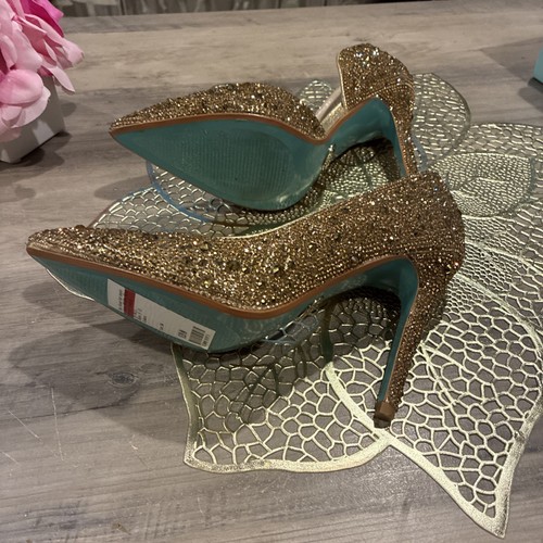 Betsey Johnson Hazil Glitter Gold Rhinestone Pumps Pointed Toe Heel Womens 6M - Picture 7 of 14
