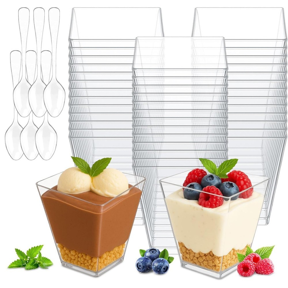 50Pcs Mini Desserttasse Dessertbecher, 200ml Dessertschalen Plastik. Mit Löffeln